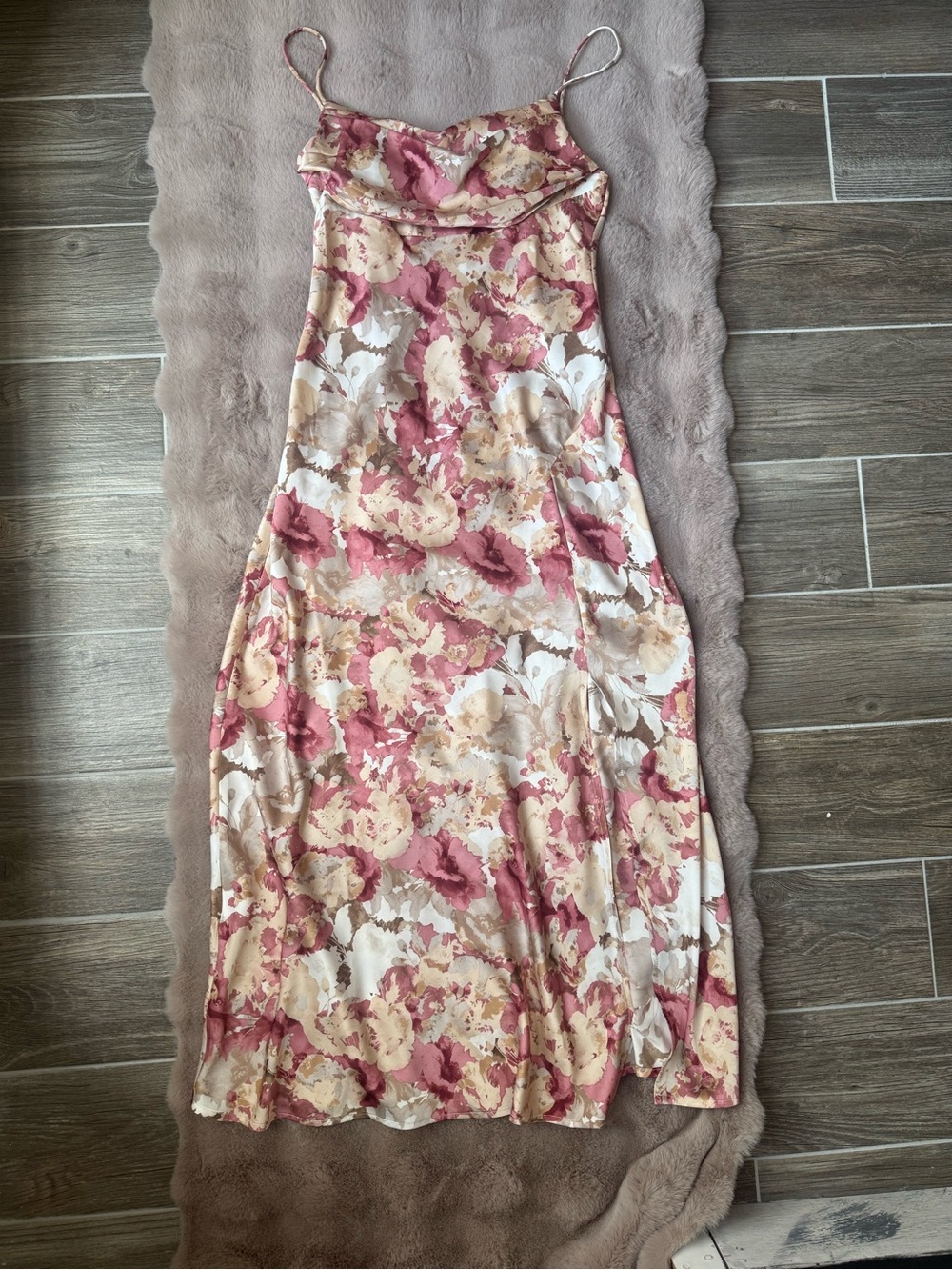 Hello Molly long pink and white floral dress with slit, size small